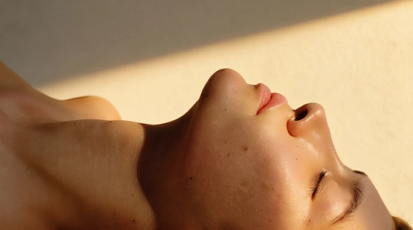 Photograph of a woman lying back with her eyes closed, chin lifted, a shaft of late afternoon sunlight falling across the plaster wall behind her