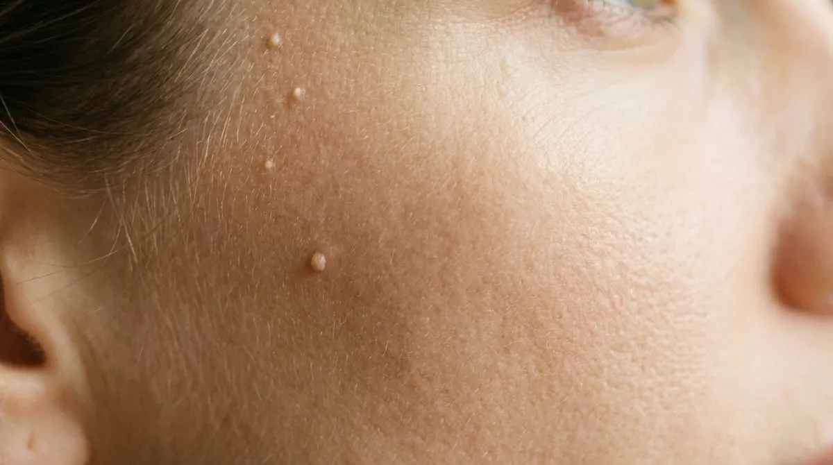 Macro photograph of the temple and outer cheek in soft daylight, with small raised surface lesions near the hairline