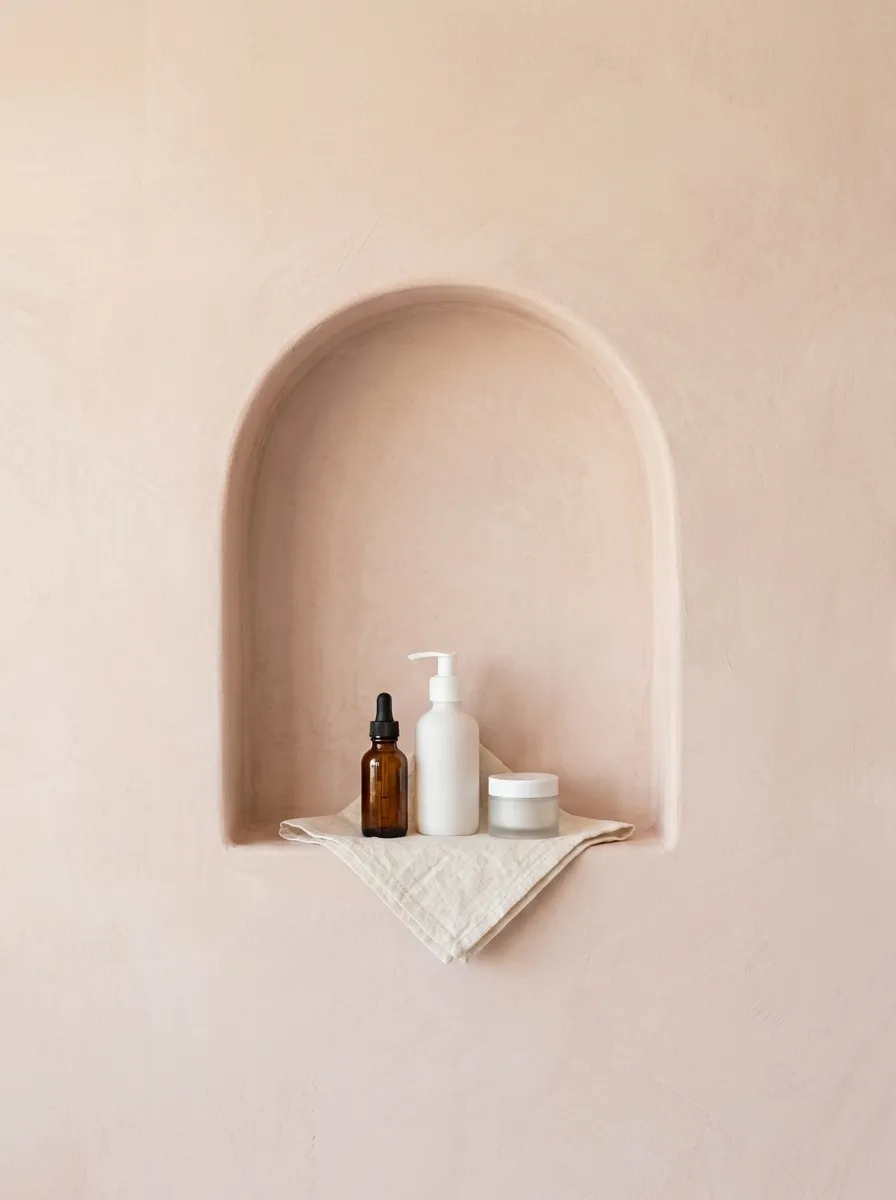 A plaster niche holding unbranded skincare vessels on folded linen