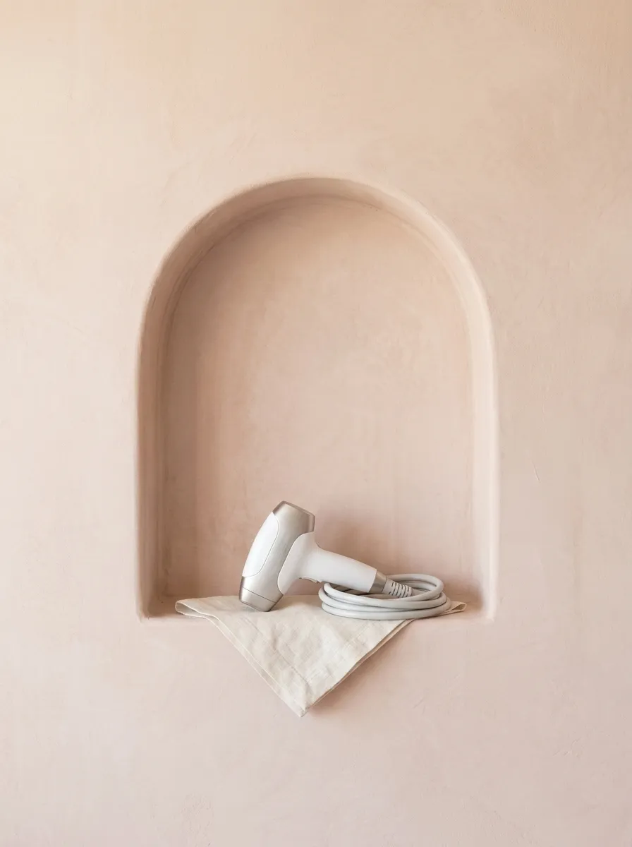 A plaster niche holding a laser handpiece resting on folded linen