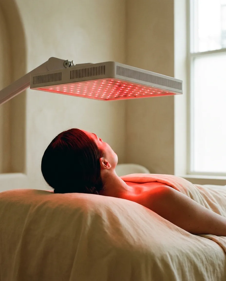 A client lying under a red LED panel in the Double Bay treatment room